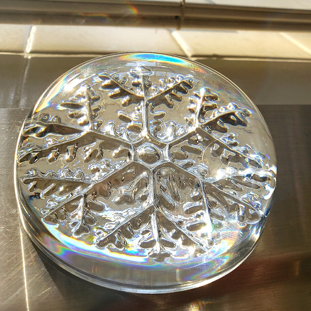 Round Crystal Snowflake Paperweight. Made in France.   3 1/2" x 2"